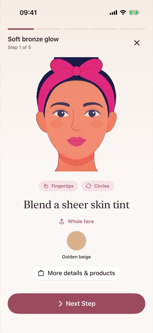 Step 1 of a tutorial: blend a sheer skin tint with your fingertips, shown on a face diagram